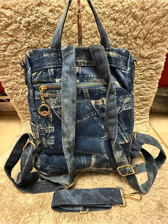 Embellished Denim Backpack in Blue with Crystal Details main image 11